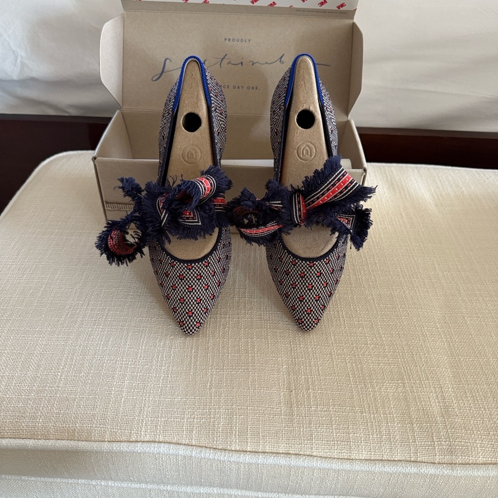 Rothy's The Point- Navy and Orange Patterned Flats with Fringe Bow